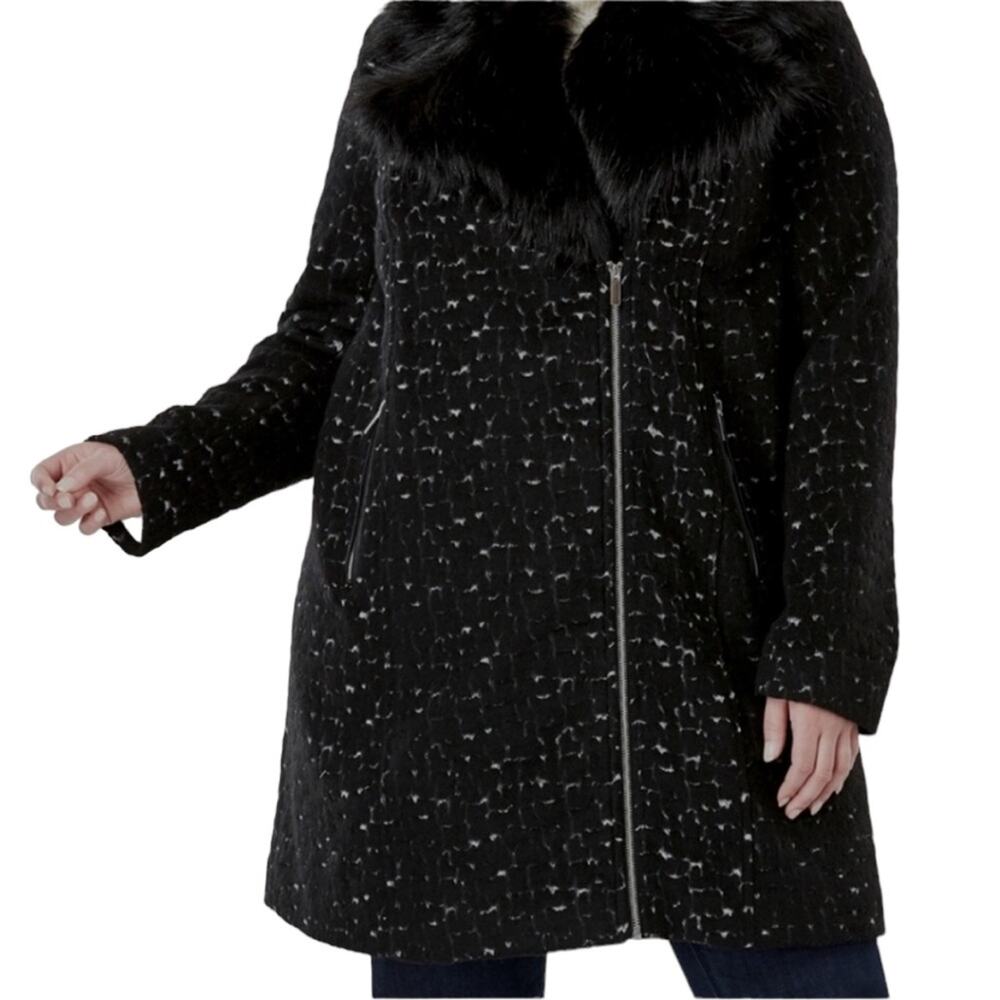 NWOT Jessica London Black and White Wool Blend Faux Fur Jacket Size 12W